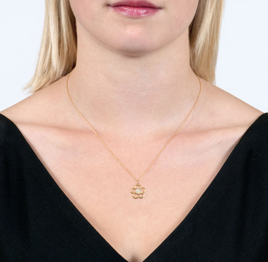 Opal October Birthstone Flower Pendant Necklace